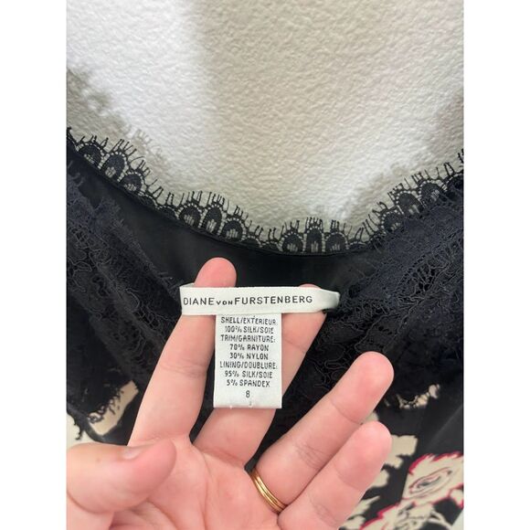 Diane Von Furstenberg Floral Bird Olivette Silk Dress Eyelash Lace Trim Size 8 - Picture 4 of 5